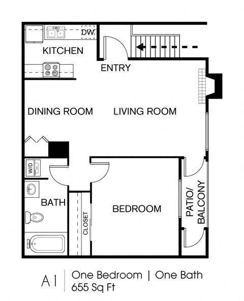 A floor plan of a one bedroom apartment with one bath.